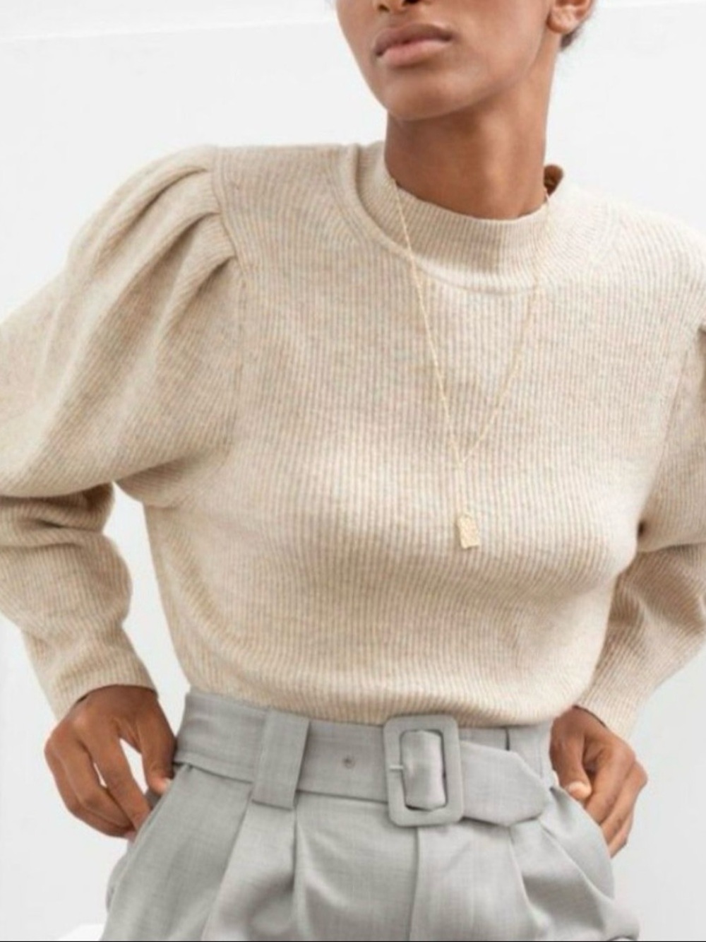 & Other Stories Beige Puff-Sleeve Ribbed Mock Neck Sweater
